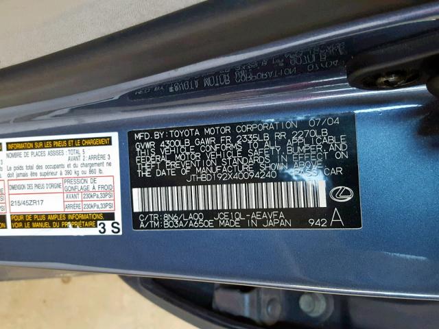 JTHBD192X40094240 - 2004 LEXUS IS 300 BLUE photo 10