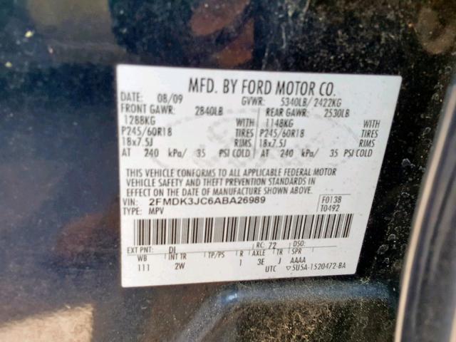 2FMDK3JC6ABA26989 - 2010 FORD EDGE SEL BLUE photo 10