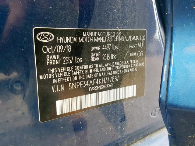 5NPE34AF4KH747887 - 2019 HYUNDAI SONATA LIM BLUE photo 10