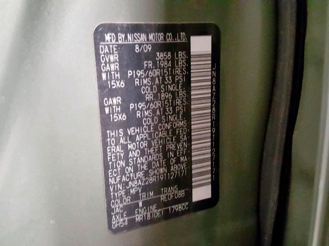 JN8AZ28R19T127171 - 2009 NISSAN CUBE BASE GREEN photo 10