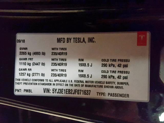 5YJ3E1EB2JF071637 - 2018 TESLA MODEL 3 BLACK photo 10