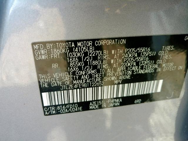 JTLZE4FE9B1122652 - 2011 TOYOTA SCION XB 蓝色 照片 10