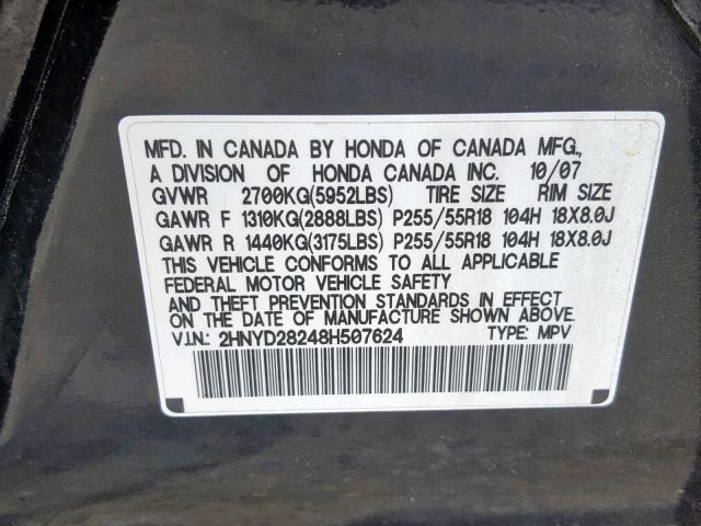 2HNYD28248H507624 - 2008 ACURA MDX BLACK photo 10