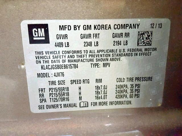 KL4CJGSB0EB615784 - 2014 BUICK ENCORE GRAY photo 10