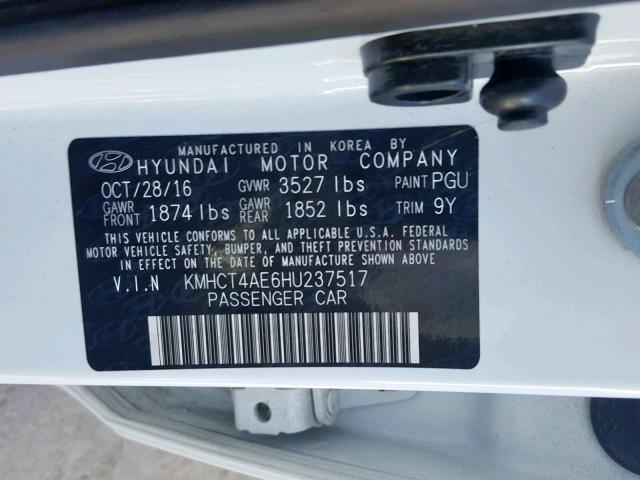 KMHCT4AE6HU237517 - 2017 HYUNDAI ACCENT SE WHITE photo 10