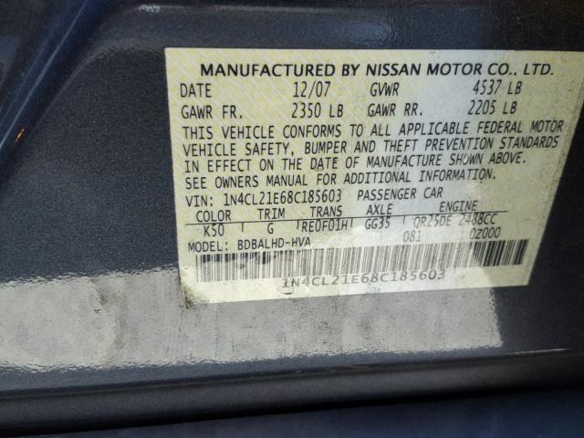 1N4CL21E68C185603 - 2008 NISSAN ALTIMA HYB GRAY photo 10