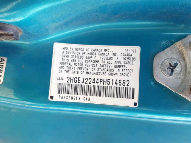 2HGEJ2244PH514682 - 1993 HONDA CIVIC DX GREEN photo 10