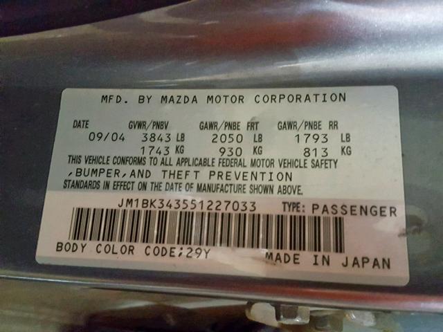 JM1BK343551227033 - 2005 MAZDA 3 HATCHBAC GRAY photo 10