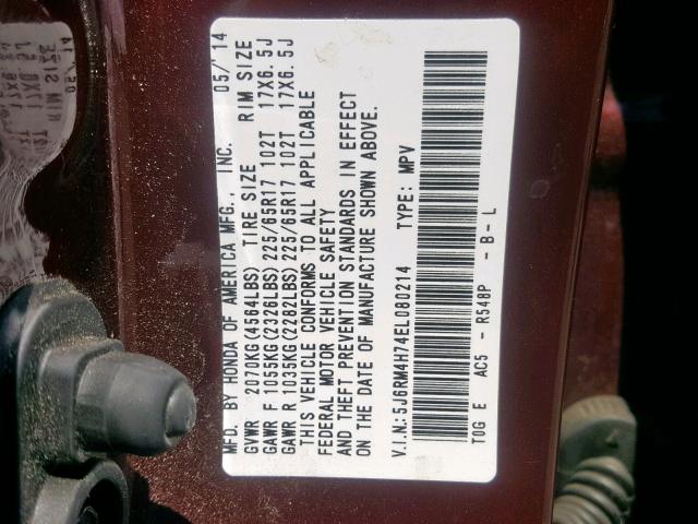 5J6RM4H74EL080214 - 2014 HONDA CR-V EXL MAROON photo 10