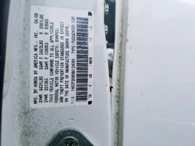 1HGCP26808A129381 - 2008 HONDA ACCORD EXL WHITE photo 10