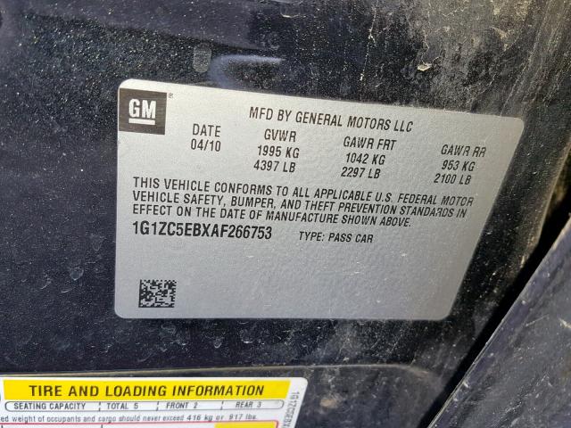 1G1ZC5EBXAF266753 - 2010 CHEVROLET MALIBU 1LT BLACK photo 10