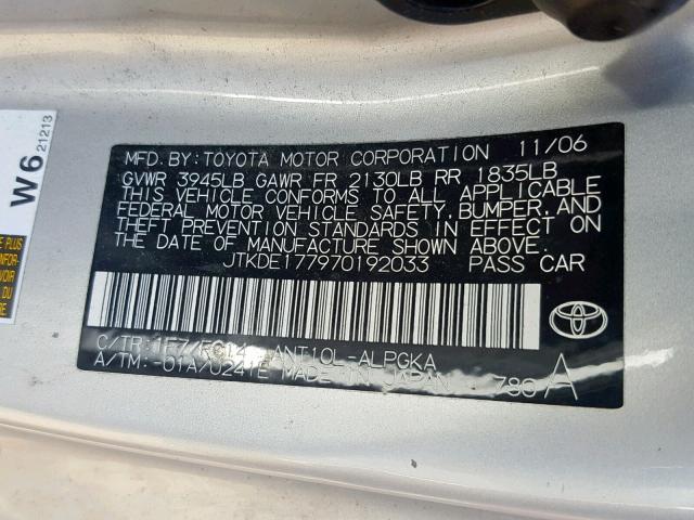 JTKDE177970192033 - 2007 TOYOTA SCION TC ნაცრისფერი ფოტო 10