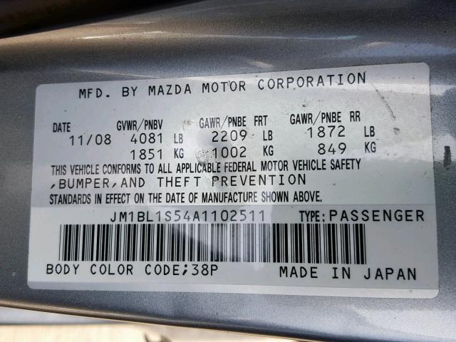 JM1BL1S54A1102511 - 2010 MAZDA 3 S GRAY photo 10