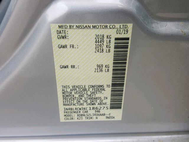 1N4BL4CW3KC186275 - 2019 NISSAN ALTIMA SR SILVER photo 10