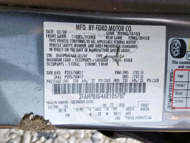 3FAHP0JG4AR105707 - 2010 FORD FUSION SEL GRAY photo 10