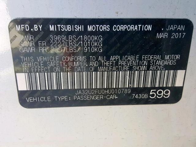 JA32U2FU0HU010789 - 2017 MITSUBISHI LANCER ES WHITE photo 10