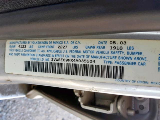 3VWSE69MX4M035504 - 2004 VOLKSWAGEN JETTA GLS GRAY photo 10