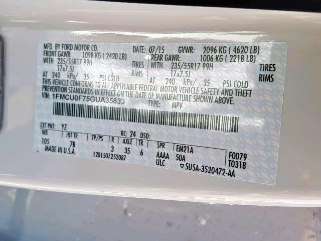 1FMCU0F75GUA35833 - 2016 FORD ESCAPE S WHITE photo 10