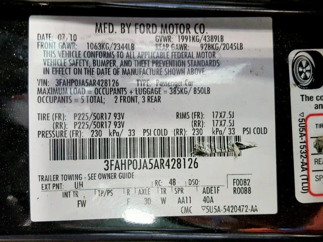 3FAHP0JA5AR428126 - 2010 FORD FUSION SEL BLACK photo 10