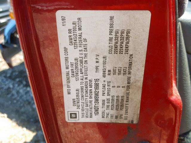 1GNDT13W8W2169816 - 1998 CHEVROLET BLAZER RED photo 10