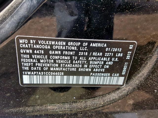 1VWAP7A31CC044025 - 2012 VOLKSWAGEN PASSAT S BLACK photo 10