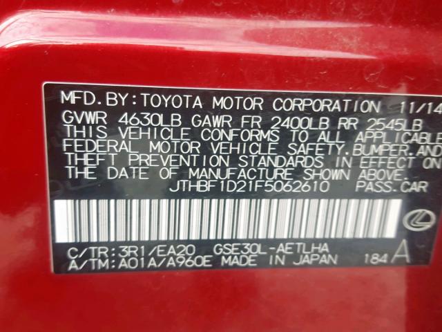 JTHBF1D21F5062610 - 2015 LEXUS IS 250 RED photo 10