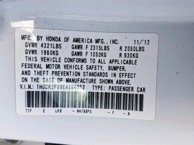 1HGCR2F89EA084852 - 2014 HONDA ACCORD EXL WHITE photo 10