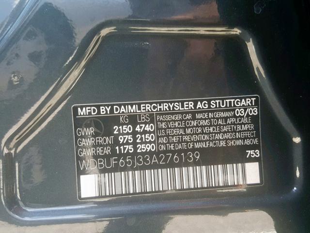 WDBUF65J33A276139 - 2003 MERCEDES-BENZ E 320 CHARCOAL photo 10