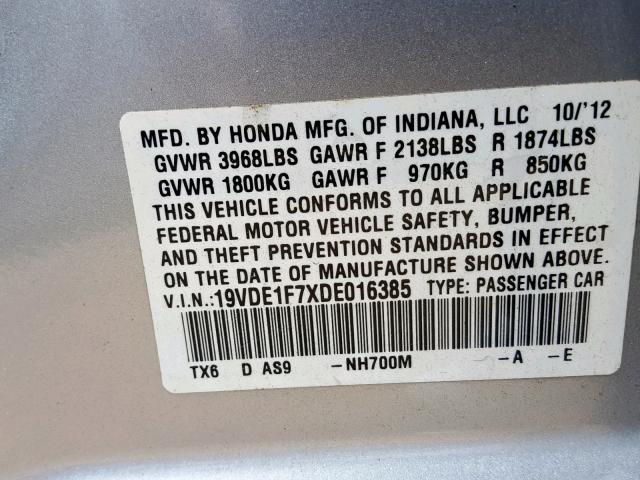 19VDE1F7XDE016385 - 2013 ACURA ILX 20 TEC SILVER photo 10