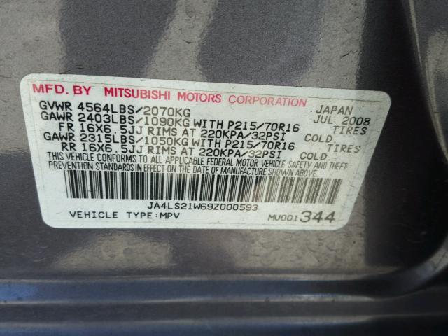 JA4LS21W69Z000593 - 2009 MITSUBISHI OUTLANDER GRAY photo 10