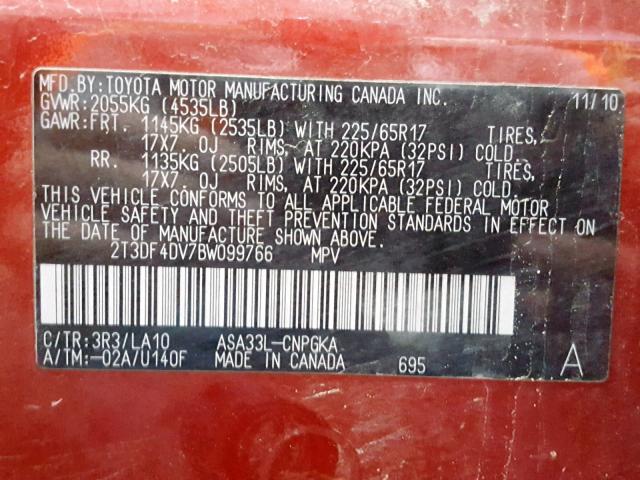 2T3DF4DV7BW099766 - 2011 TOYOTA RAV4 LIMIT RED photo 10