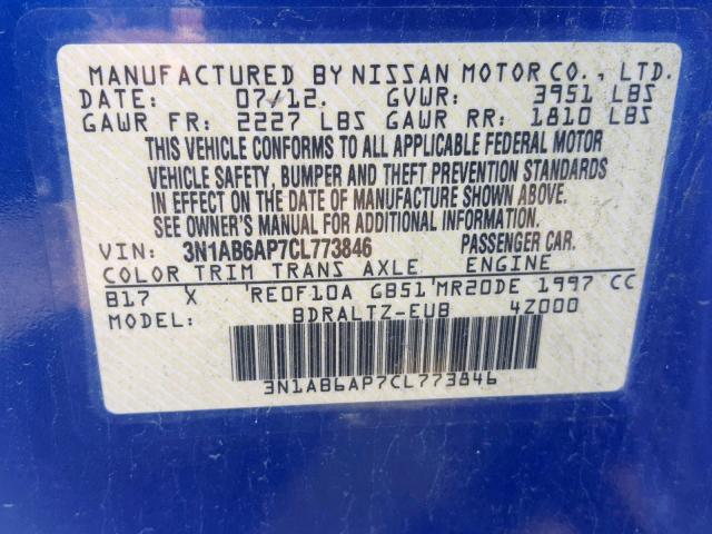 3N1AB6AP7CL773846 - 2012 NISSAN SENTRA 2.0 BLUE photo 10