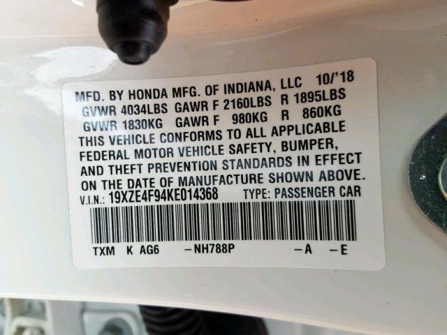 19XZE4F94KE014368 - 2019 HONDA INSIGHT TO WHITE photo 10