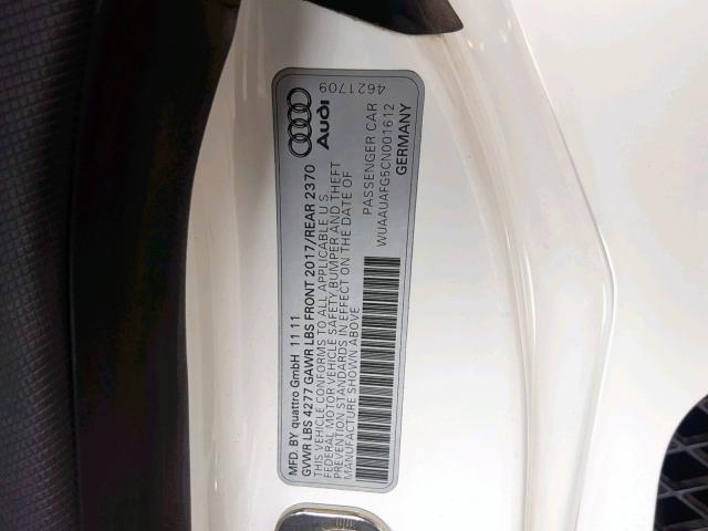 WUAAUAFG5CN001612 - 2012 AUDI R8 4.2 QUA WHITE photo 10