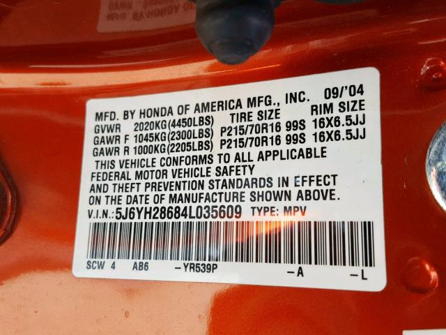 5J6YH28684L035609 - 2004 HONDA ELEMENT EX ORANGE photo 10