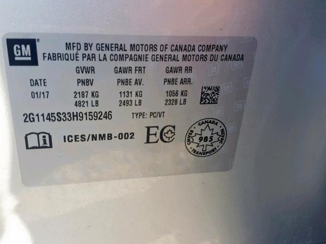 2G1145S33H9159246 - 2017 CHEVROLET IMPALA PRE SILVER photo 10