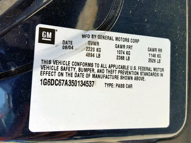 1G6DC67A350134537 - 2005 CADILLAC STS BLUE photo 10