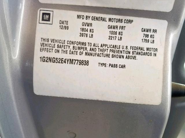 1G2NG52E4YM779838 - 2000 PONTIAC GRAND AM S SILVER photo 10