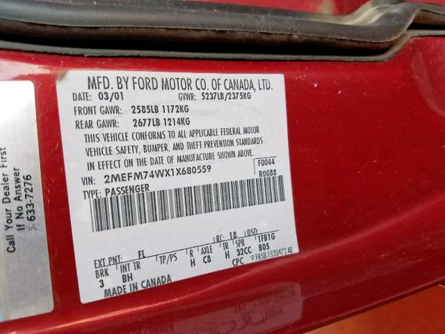 2MEFM74WX1X680559 - 2001 MERCURY GRAND MARQ RED photo 10