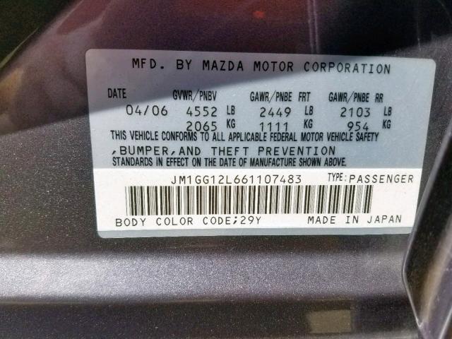 JM1GG12L661107483 - 2006 MAZDA SPEED 6 GRAY photo 10