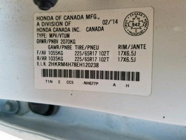 2HKRM4H78EH120238 - 2014 HONDA CR-V EXL WHITE photo 10