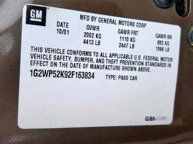 1G2WP52K92F163834 - 2002 PONTIAC GRAND PRIX TAN photo 10