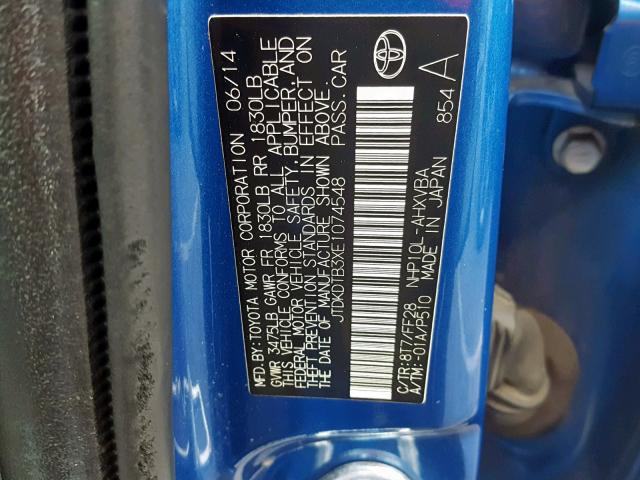 JTDKDTB3XE1074548 - 2014 TOYOTA PRIUS C BLUE photo 10