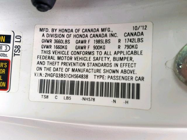 2HGFG3B51CH564838 - 2012 HONDA CIVIC LX WHITE photo 10