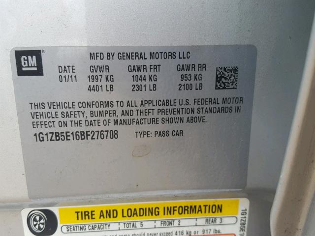 1G1ZB5E16BF276708 - 2011 CHEVROLET MALIBU LS 银色 照片 10