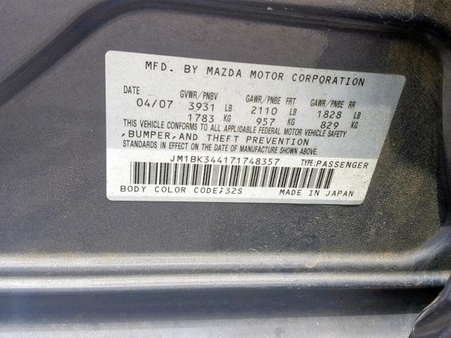 JM1BK344171748357 - 2007 MAZDA 3 HATCHBAC GRAY photo 10