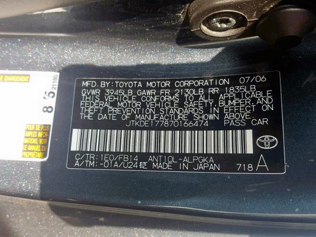 JTKDE177870166474 - 2007 TOYOTA SCION TC ნაცრისფერი ფოტო 10