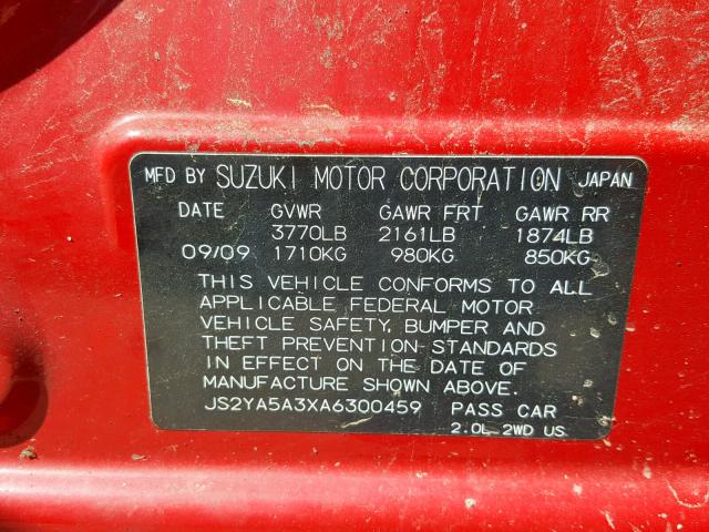 JS2YA5A3XA6300459 - 2010 SUZUKI SX4 RED photo 10