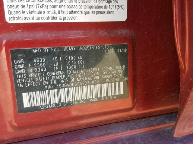 4S3BMDK69A2233080 - 2010 SUBARU LEGACY 3.6 RED photo 10