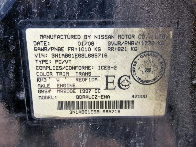 3N1AB61E68L685716 - 2008 NISSAN SENTRA 2.0 BLACK photo 10